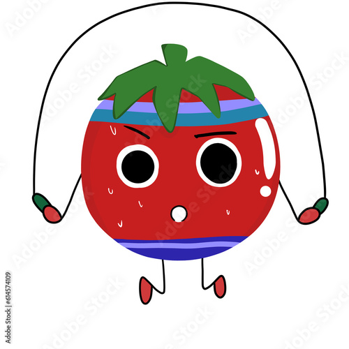 Cartoon tomato character jumping rope . Cute sporty tomato character making cardio workout. hand drawing cartoon, PNG illustration.