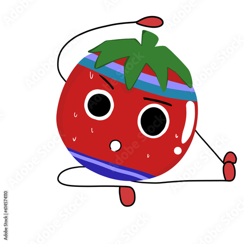 Cartoon tomato character yoga poses . Cute sporty tomato character making cardio workout. hand drawing cartoon, PNG illustration.