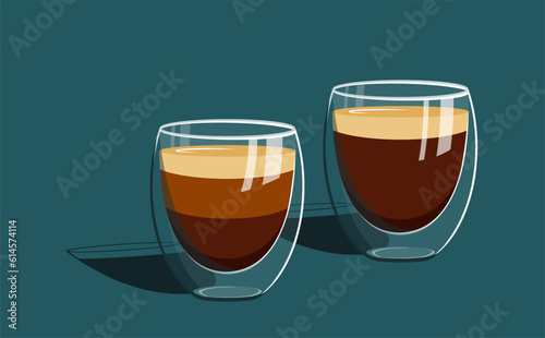 Elegant two cups of coffee in a double wall glass mugs vector drawing. Lungo and macchiato coffee in a round shape glass cups concept on the dark background with shadows on the surface.