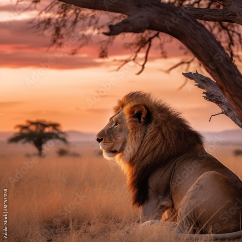 Lion king sitting watching over the African savannah 