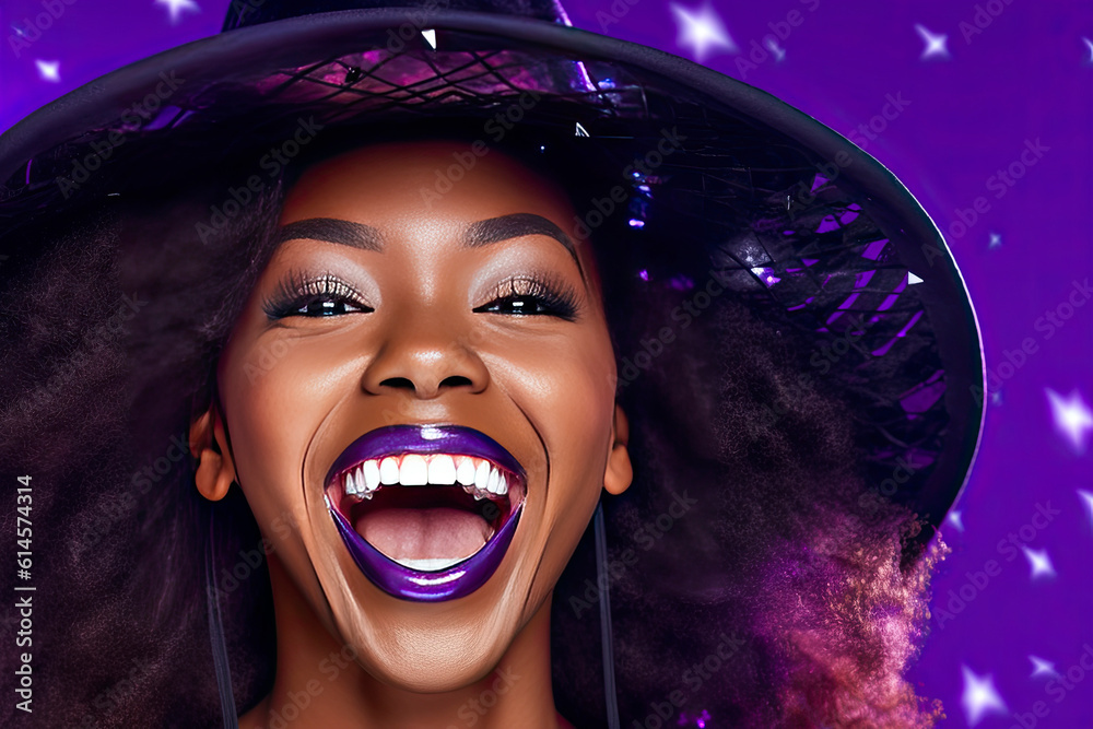 Young dark skinned young woman in a black witch hat smiling with spooky