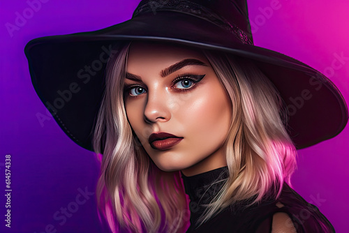 Young Caucasian young woman in a black witch hat smiling with spooky Halloween lights behind created with Generative AI technology