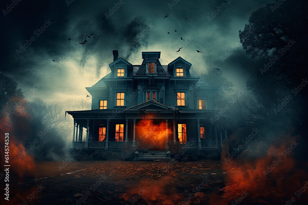 Grand Victorian Halloween haunted house with dramatic lights and fog with copy space created with Generative AI technology