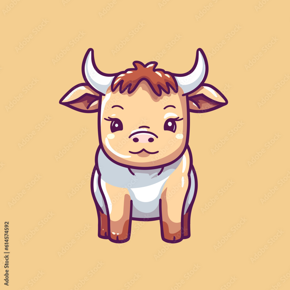 Fototapeta premium Bull. Cute little cartoon kawaii anime character. Domestic Pet. Wild Animal. Flat vector