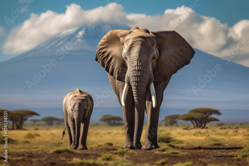 African elephant with young with the backdrop of Mount Kilimanjaro © STORYTELLER