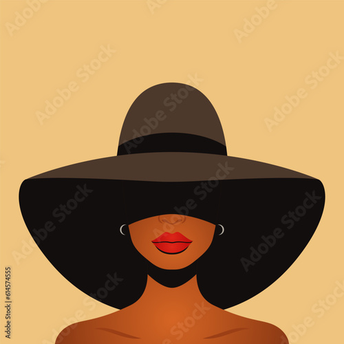 Vector Background. Beautiful Young African American Black Woman with Black Hair, Closed Face with Big Hat, Wide Margins Covering Her Face, Flat Style. Solidarity People, Womens Rights Concept