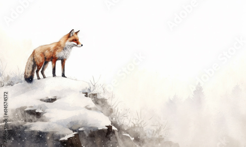 Fox In The Snow, Solitary Majesty. Watercolor Print of a Lonely Red Fox Standing on Rock. A Captivating Portrait of Isolation and Beauty. 