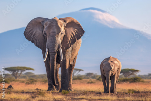 African elephant with young with the backdrop of Mount Kilimanjaro