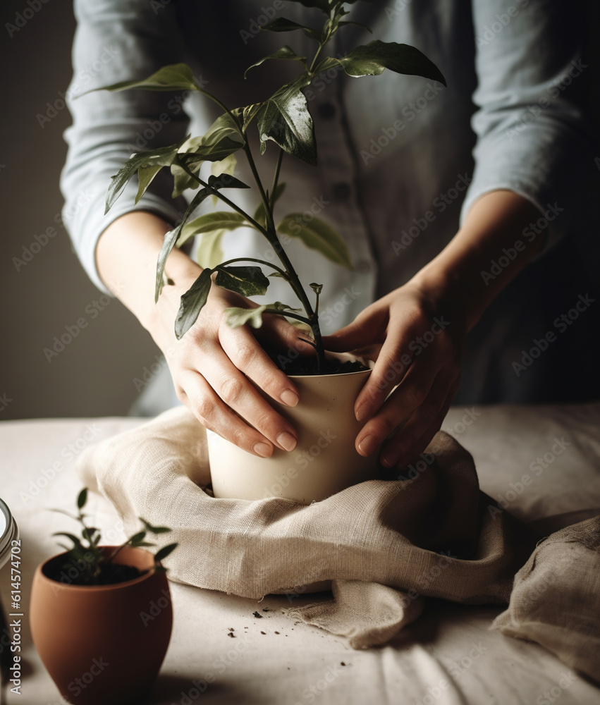 Woman repotting plants.