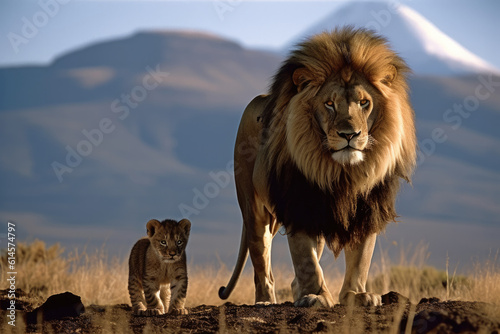 Lion and cub with backdrop of Mount Kilimanjaro 