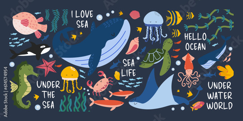 Underwater World. Vector illustration of the marine world. Cute fish and wild sea cartoon animals. Whale, fish, squid, seaweed, shells, seahorse, jellyfish, crab. Drawings for banner, postcards,cards. © Hanna Perelygina