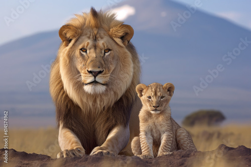Lion and cub with backdrop of Mount Kilimanjaro © STORYTELLER