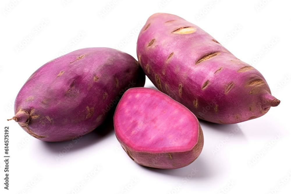 Sweet potato on a white background. Purple potato organic. Ai generative. Sweet potato on a white background. Purple potato organic. Ai generative.