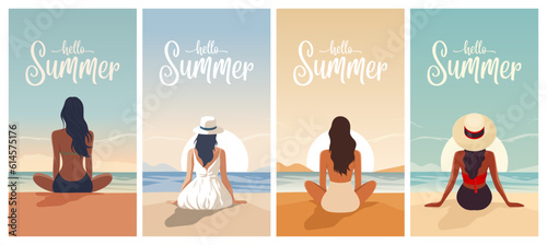 Hello Summer. Vector Story Template Designs with Young Woman in a Hat Sitting at Sunset on the Beach, Enjoying the Resort, Relaxing on Seaside Sand Beach in Summer Season, Back View. Ocean Scenic View