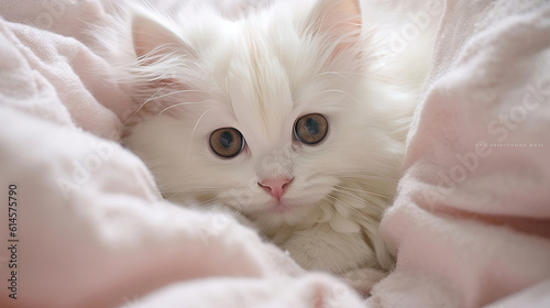 A cute little fluffy white kitten lying on a blanket