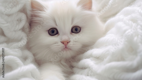 A cute little fluffy white kitten lying on a blanket