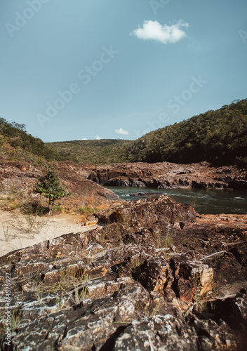 Aerial view of Encontro das águas river crossing Tocantinzinho e São Miguel at Colinas do Sul city Chapada dos Veadeiros