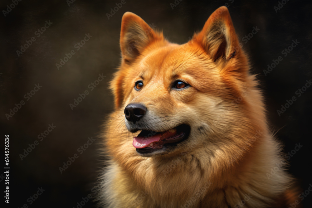 Red Spitz dog breed isolated on black background. Portrait of Spitz dog. Generative AI.
