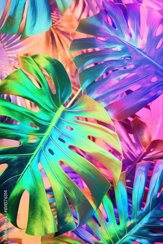 monstera leaves texture. tropical neon background. pink, purple and turquoise. generative ai, ai, generative.