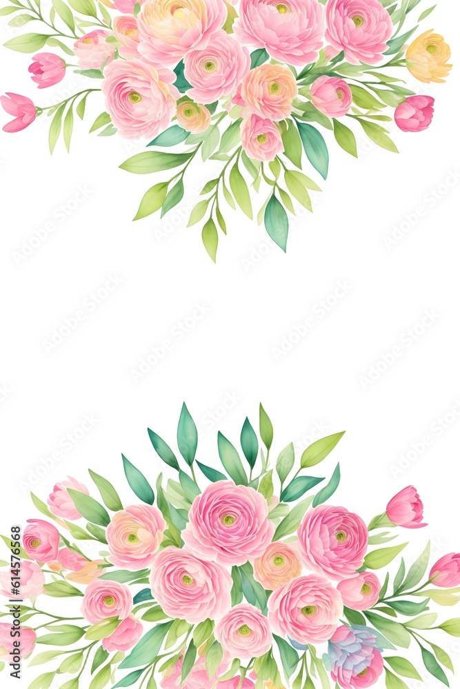 Ranunculus flower. Floral frame wreath of pink ranunculus flower buds and eucalyptus on white background. Flat lay, top view mockup. Frame of flowers. Generative AI. 