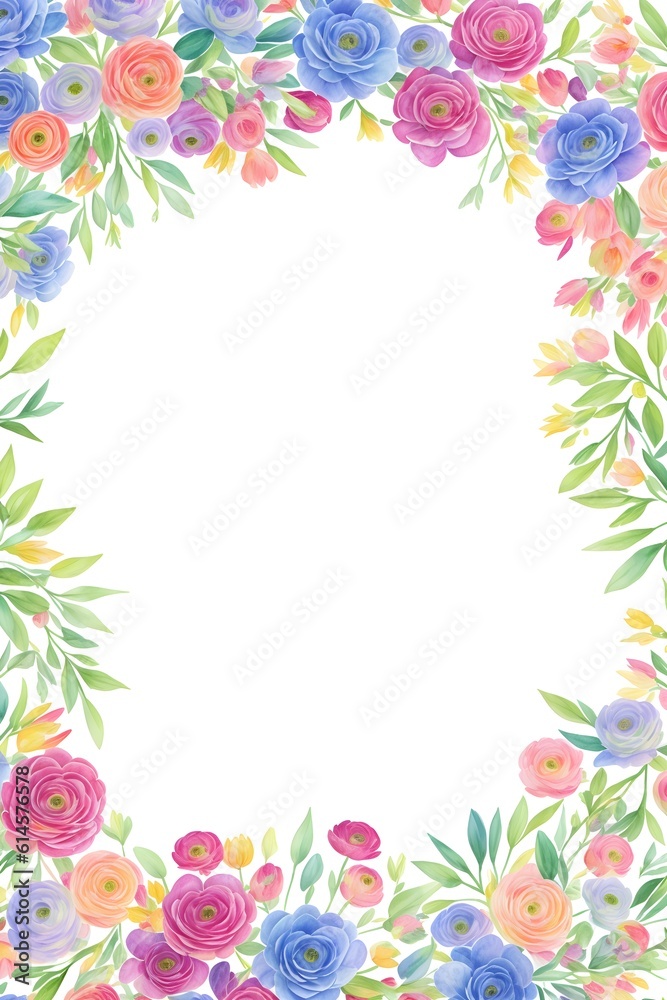 Ranunculus flower. Floral frame wreath of pink ranunculus flower buds and eucalyptus on white background. Flat lay, top view mockup. Frame of flowers. Generative AI. 