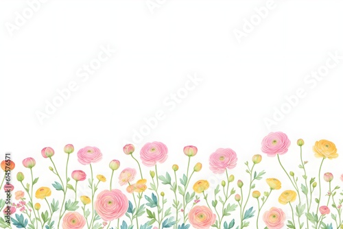 Ranunculus flower. Floral frame wreath of pink ranunculus flower buds and eucalyptus on white background. Flat lay, top view mockup. Frame of flowers. Generative AI. 