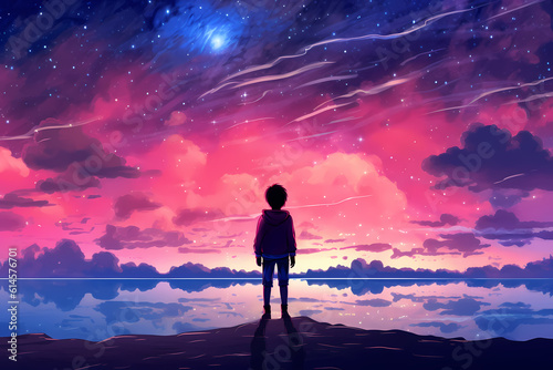 Boy Looking at Pink Sunset