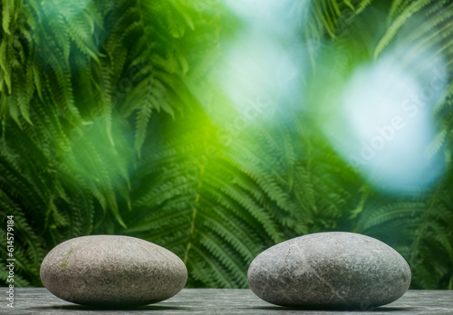 zen stones and green leaves for podium background.natural gray oval smooth stones on green foliage background for product presentation with free space.cosmetic medicine perfume concept.