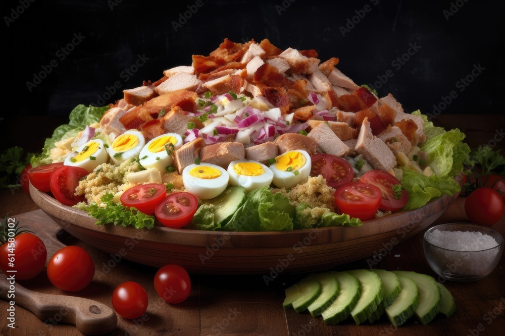 Cobb Salad Lettuce Egg Bacon Turkey Avocado Blue Cheese Cherry Tomato Red Onion Dressing in Bowl Background Image