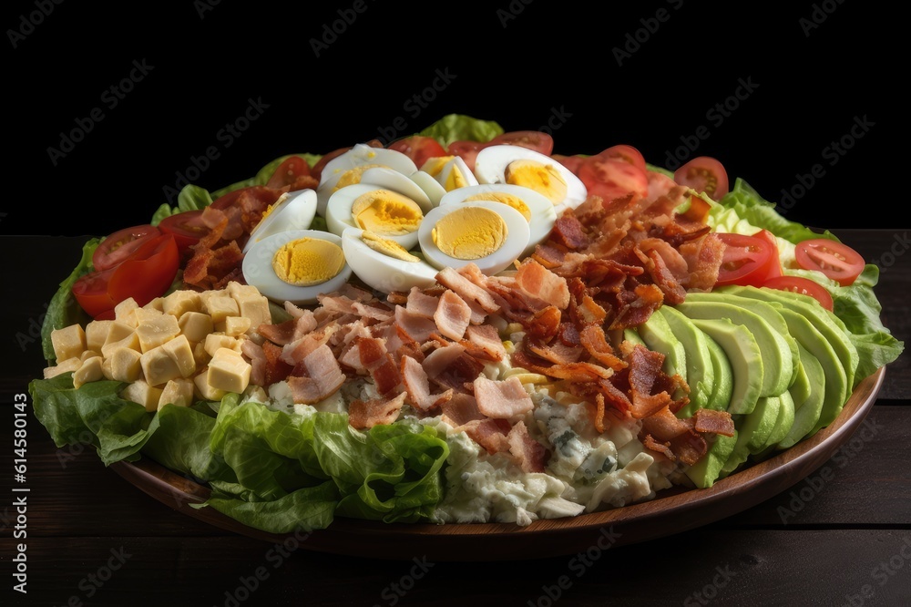 Cobb Salad Lettuce Egg Bacon Turkey Avocado Blue Cheese Cherry Tomato Red Onion Dressing in Bowl Background Image Cobb Salad Lettuce Egg Bacon Turkey Avocado Blue Cheese Cherry Tomato Red Onion Dressing in Bowl Background Image