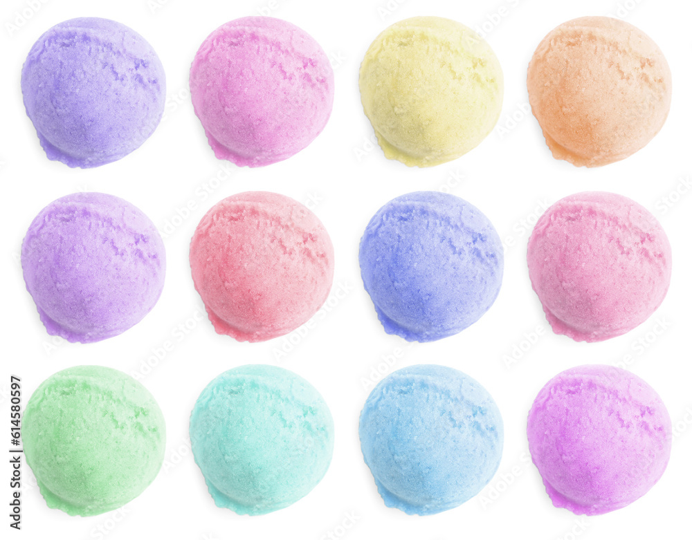 Set of ice cream scoops of different colors and flavors isolated on white, top view Set of ice cream scoops of different colors and flavors isolated on white, top view