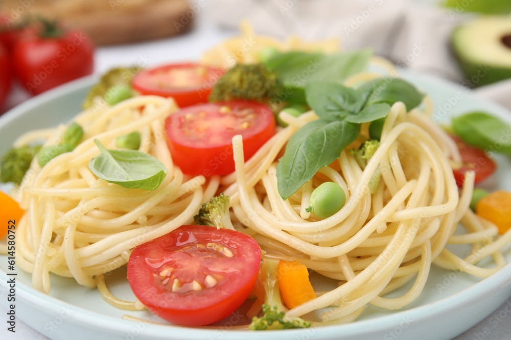 Plate of delicious pasta primavera, closeup view Plate of delicious pasta primavera, closeup view