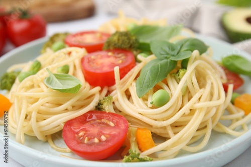 Plate of delicious pasta primavera, closeup view