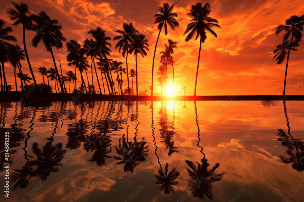 Sunset with palm trees Generative AI