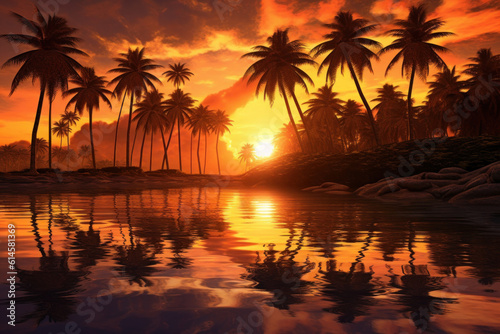 Sunset with palm trees Generative AI