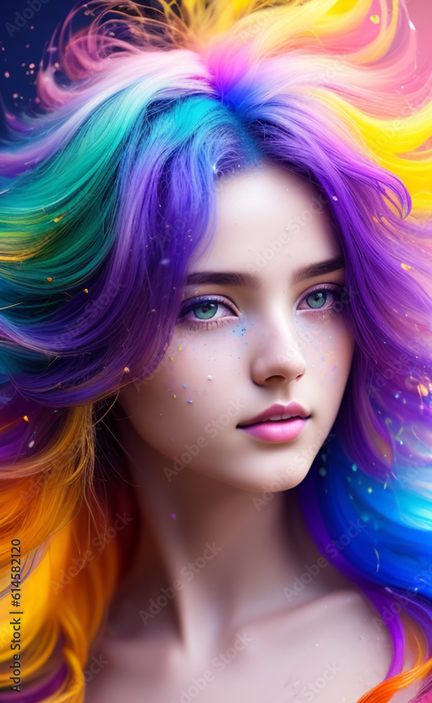 Beautiful girl captivates with her vibrant colorful hair that shines like a rainbow adding an extra touch of uniqueness to her appearance.