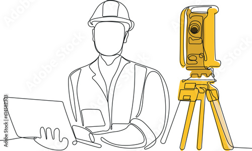 Close up of Caucasian worker with helmet on head using tablet for work while standing in warehouse. Surveyor with a tripod icon. Geodesic tripod. Vector illustration