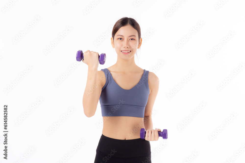 Portrait beautiful young asian woman lifting dumbbell isolated on white background, female fitness workout training with holding dumbbell for muscle strong and strength, sport and health care concept.