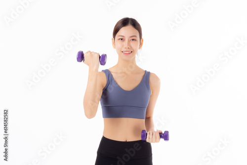 Portrait beautiful young asian woman lifting dumbbell isolated on white background, female fitness workout training with holding dumbbell for muscle strong and strength, sport and health care concept. © N_studio