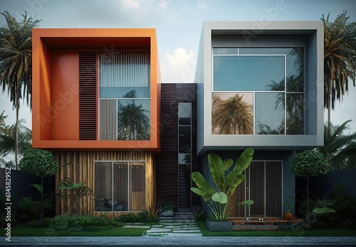 Facade of a two houses with a modern contemporary style. AI Generative