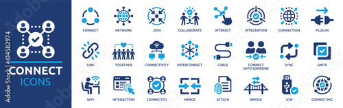 Connect icon set. Containing network, join, collaboration, connectivity, interaction, cable, integration and connection icons. Solid icon collection. photo