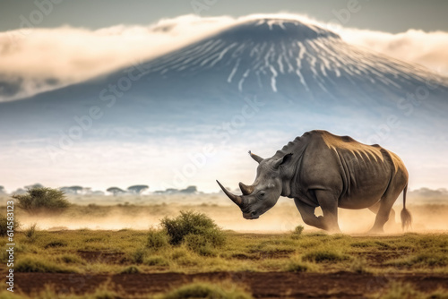 African black rhino at the backdrop of Mount Kilimanjaro 