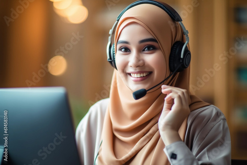 Muslim professional malay woman working as telemarketing wearing a headset happily talking to her customer