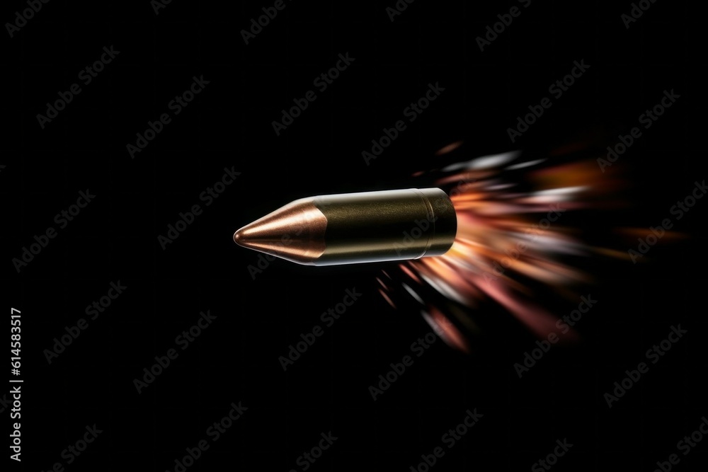 Bullet in flight after firing. Background with selective focus. AI generated, human enhanced Bullet in flight after firing. Background with selective focus. AI generated, human enhanced