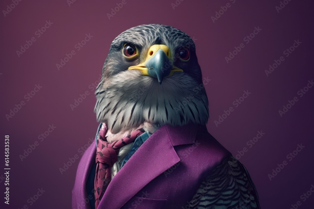 Anthropomorphic falcon dressed in a suit like a businessman. Business Concept. AI generated, human enhanced. - obrazy, fototapety, plakaty 
