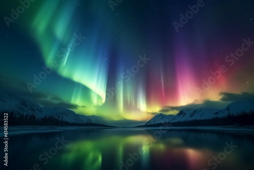 Northern Lights on the night sky. Aurora Borealis. AI generated, human enhanced photo