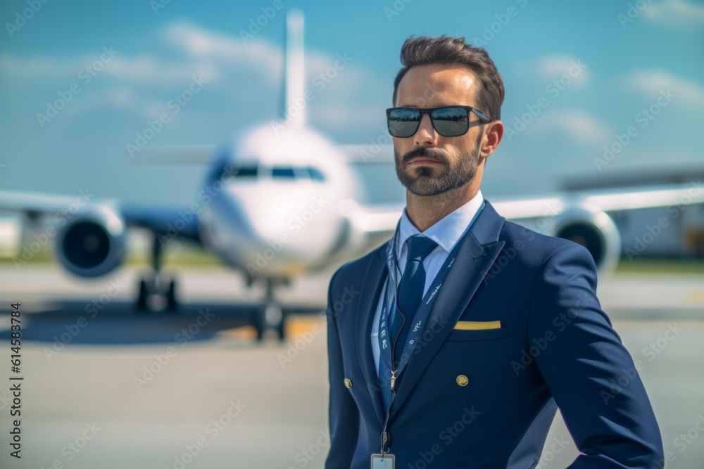 An airline employee at the airport. Background with selective focus. AI generated, human enhanced An airline employee at the airport. Background with selective focus. AI generated, human enhanced