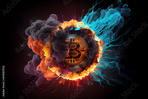 image of a bitcoin coin in the center with colorful powder flares Bitcoin. Concept