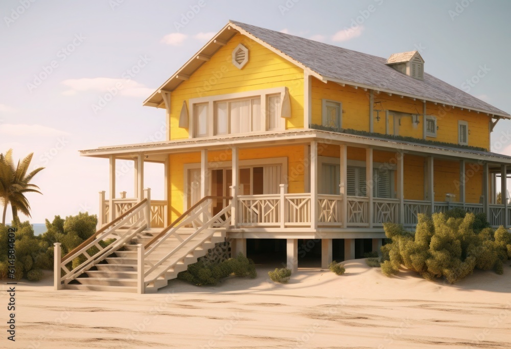 large wooden house with a front porch leading out to a beach, in the style of y2k aesthetic, 32k uhd, eye-catching, plaster, yellow and silver, solid and structured, groundcore . generative ai