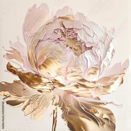 Fototapeta Naklejka Na Ścianę i Meble -  Abstract floral oil painting. Gold and pink peony flower on white background
